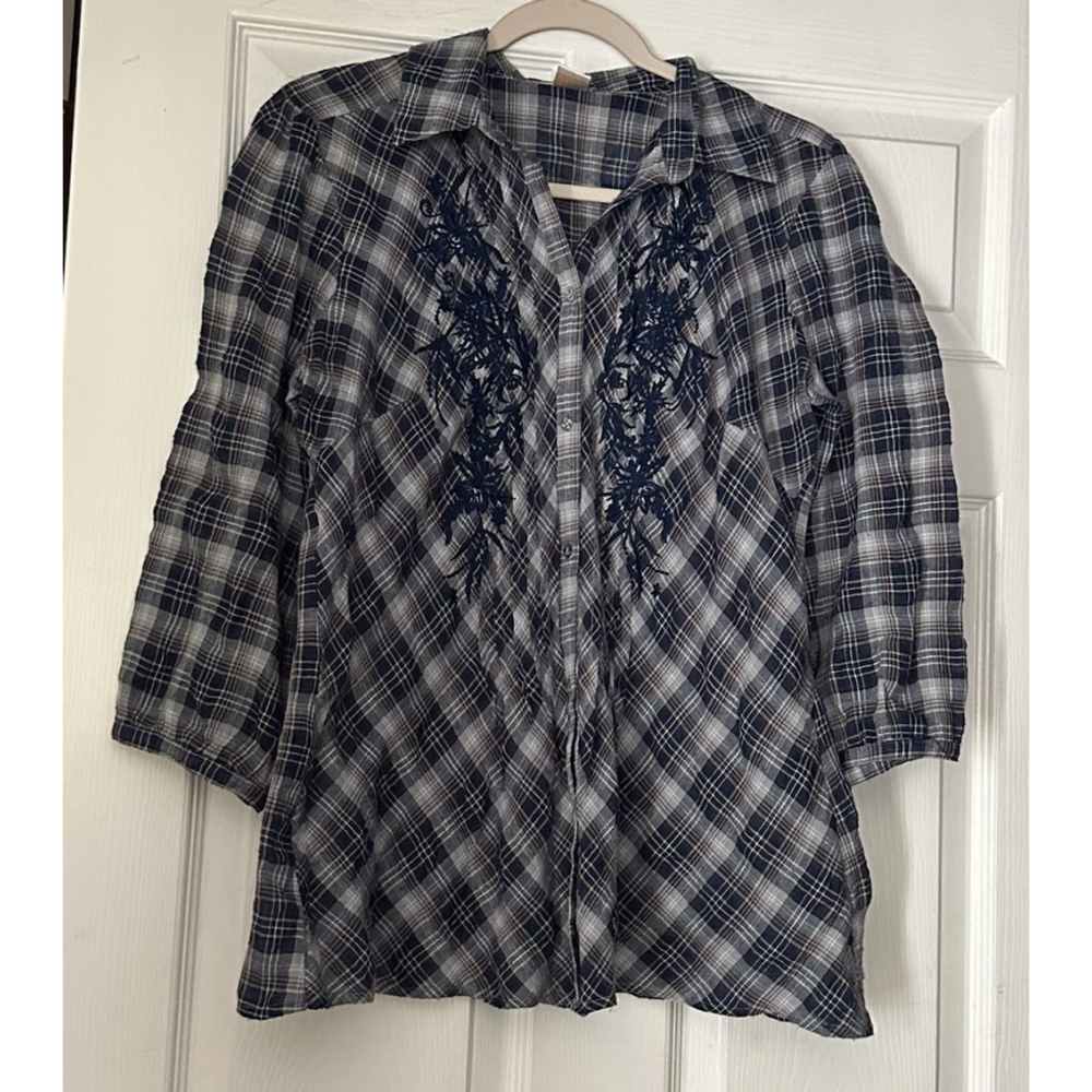 Zoe D. Top Womens M Cotton Blend Pintuck Top Blue Plaid Embroidered Western Boho